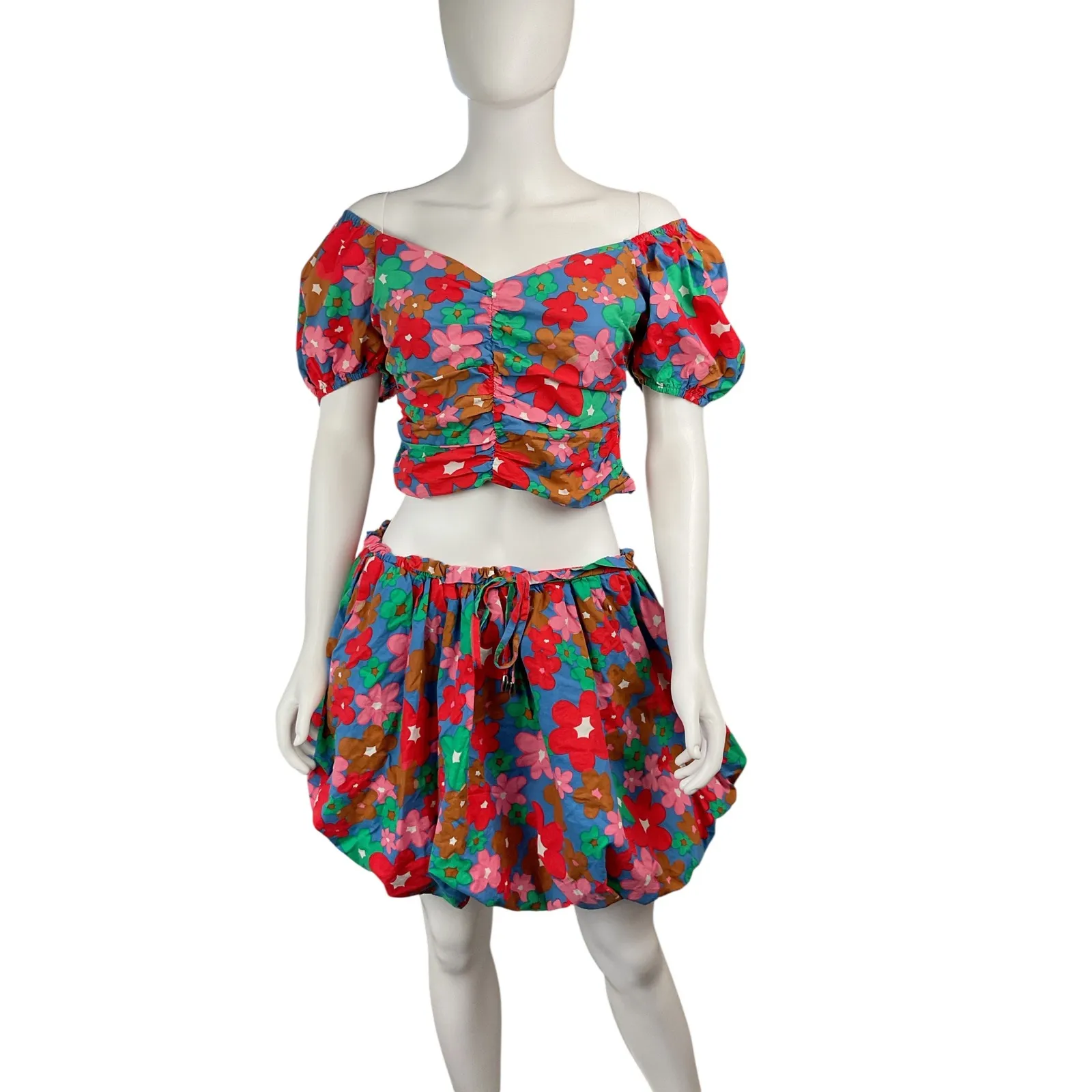 Entro Floral Two‎ Piece Set Crop Top Bubble Skirt Summer Outfit Size L - Image 6