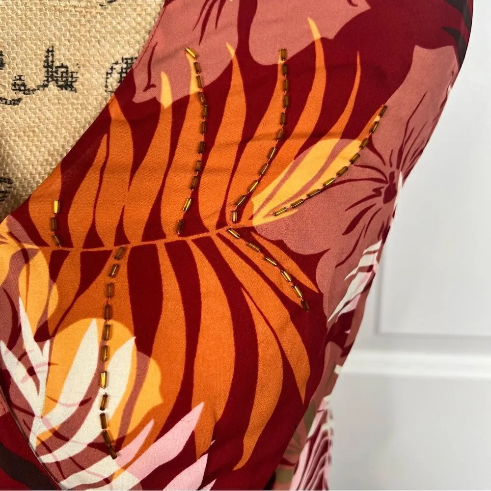Sz 2P Kate Hill 100% Silk Red & Orange Beaded Faux Wrap Top - Image 5