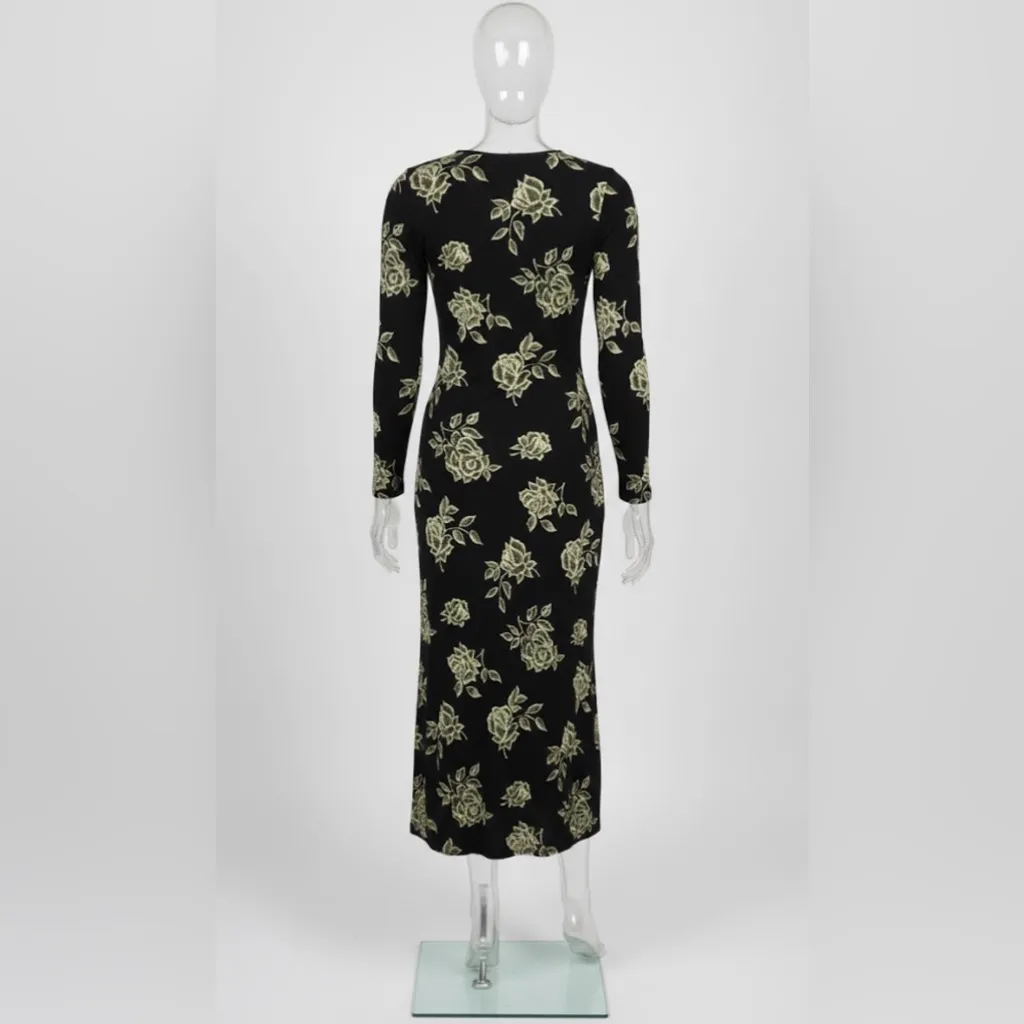 Black Floral Texture Bodycon Mini Dress M/L Polyester Stretch Size L - Image 3