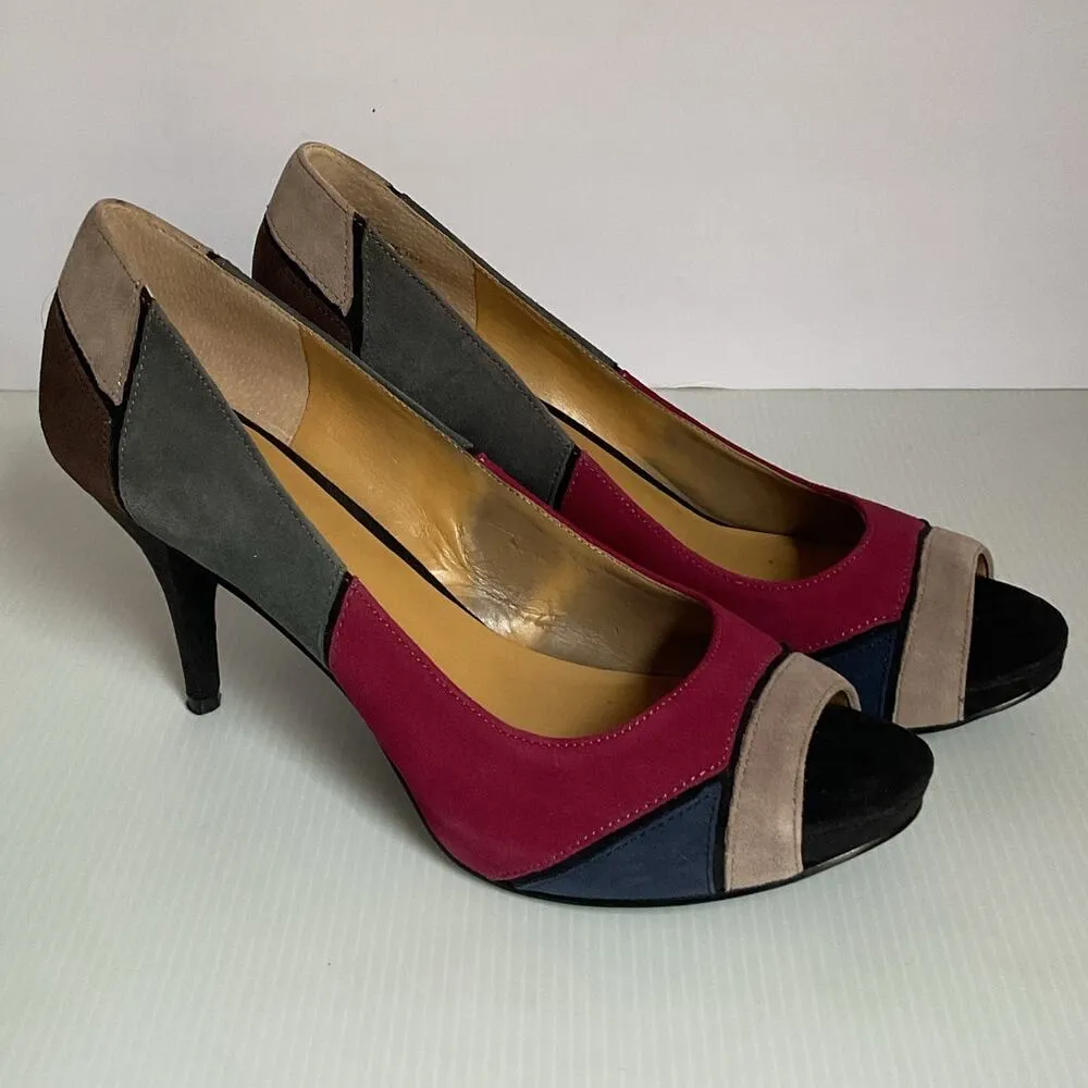 Nine West  Retro Y2K Peep Toe Heels Multicolor Suede Patchwork 7.5M - Image 3