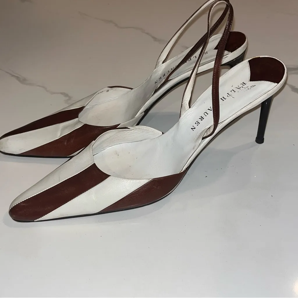 Vintage Ralph Lauren RARE Stripe Brown & White Leather Oxford Slingback Pumps - Image 2