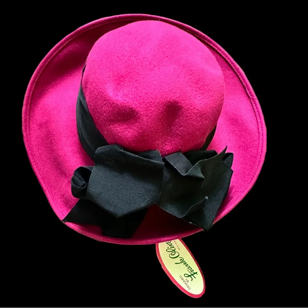 Frank Olive Vintage 1960’s Fuchsia Wide Brim Hat with Black Band Pink - Image 4