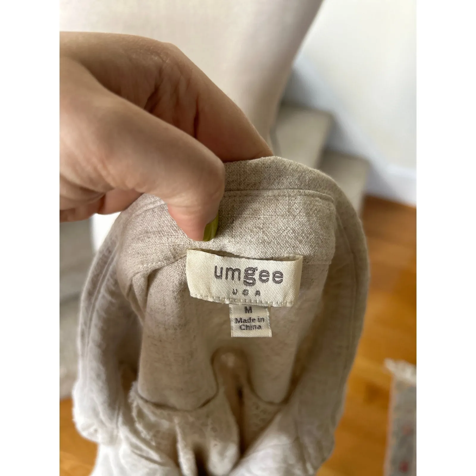 Umgee Tan Beige Linen Cotton Ruffle Fringe Sleeve Open Lace Back Boho Blouse - Image 3