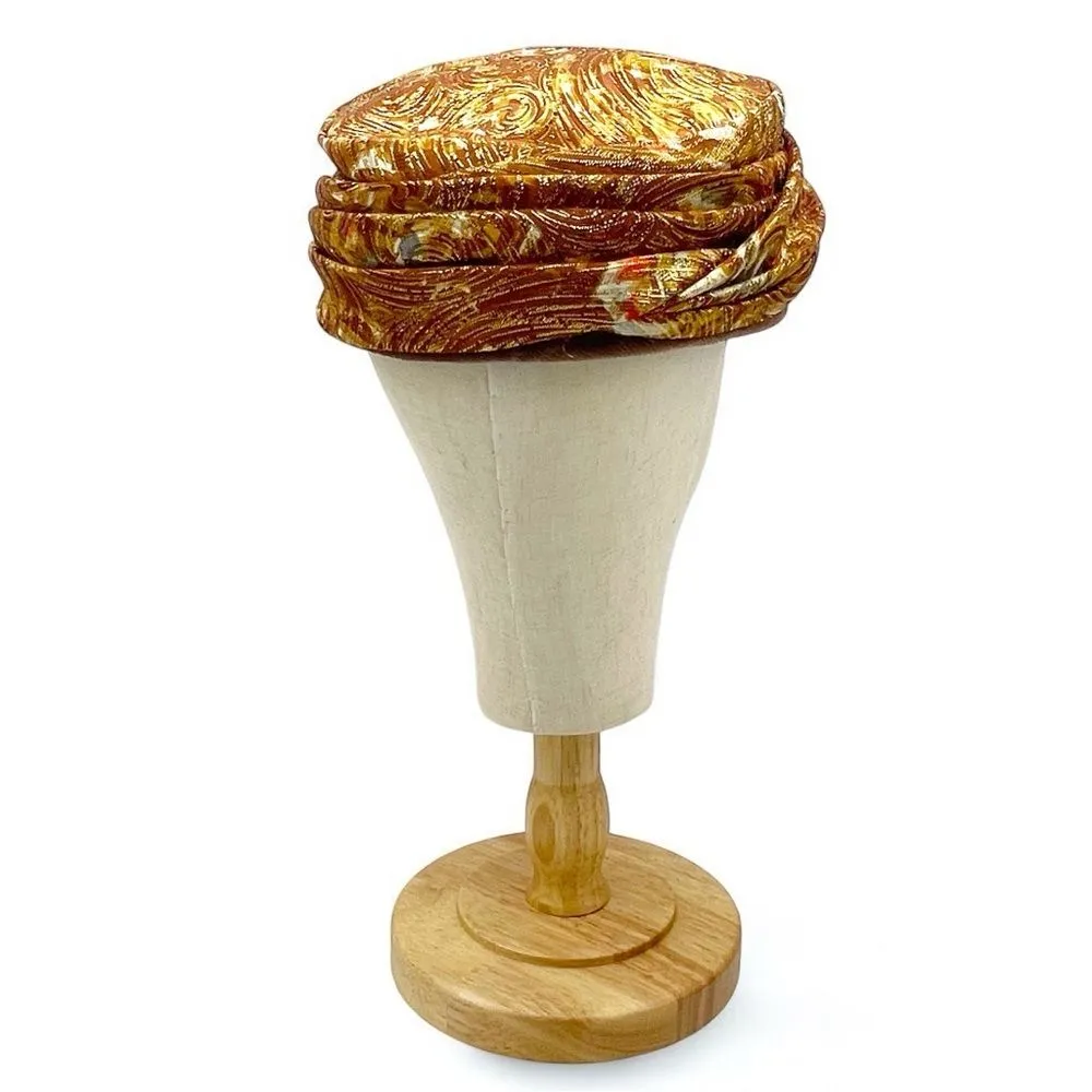 Vintage Valerie Modes Draped Turban Pillbox Hat – Metallic Gold & Bronze Brocade Brown - Image 6
