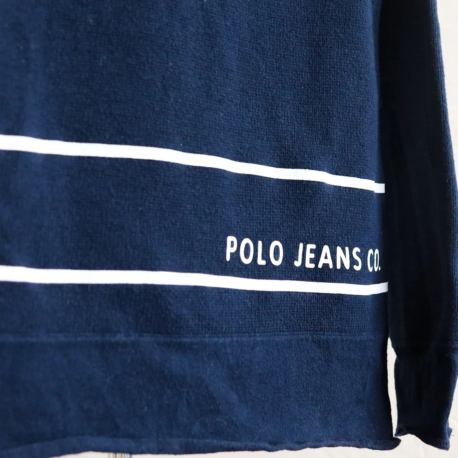 Polo Jeans Co. Ralph Lauren Knit Sweater Striped Logo Pullover Navy Blue M Y2K Blue Size M - Image 3