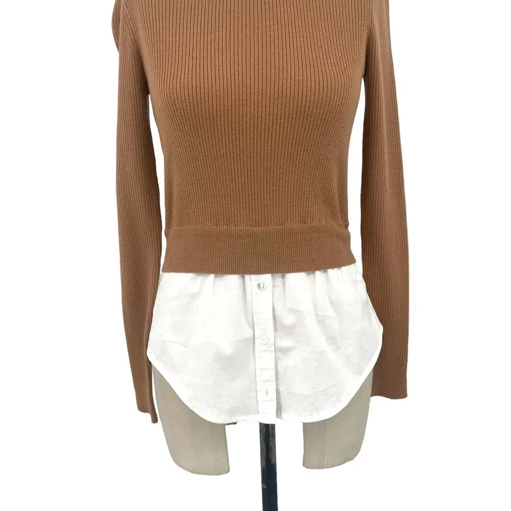 Veronica Beard Rocha Poplin-paneled Merino Wool Sweater In Camel Size XS - Image 7