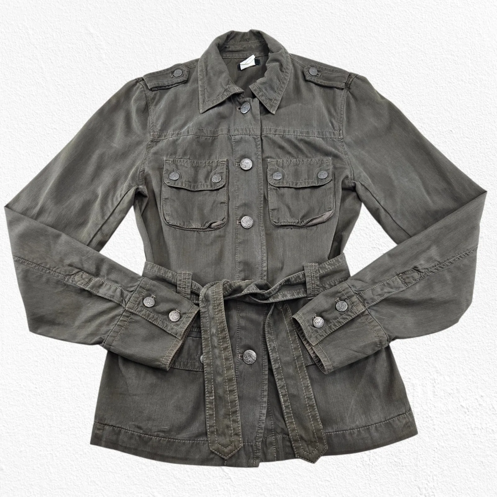 J. Crew Olive Green Utility Jacket Silk Blend Belted Military Style Size Small - Image 2