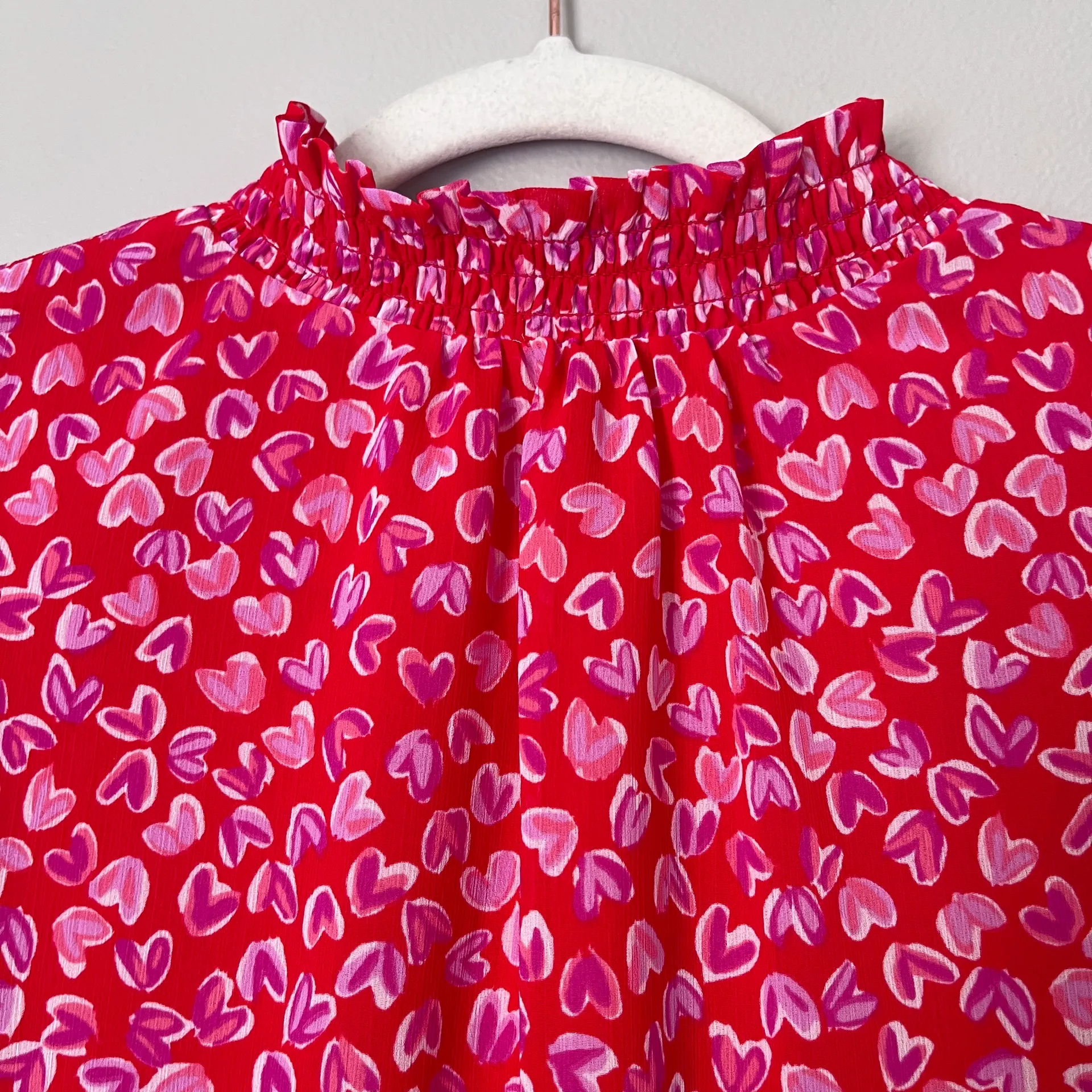 Factory Heart Print Smocked Long Sleeve Blouse Top Red Pink - Image 7