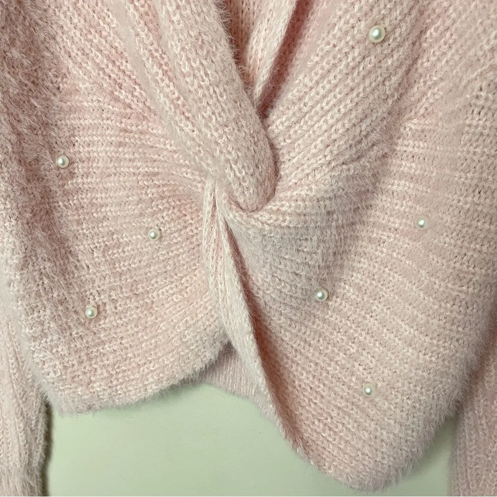 ALMOST FAMOUS Vintage Pink Twist Front V-Neck Sweater Pearl Accents - Image 6