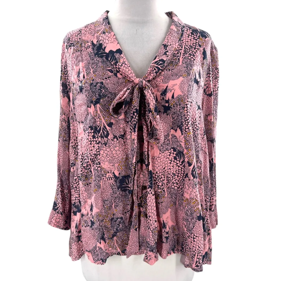 Anthropologie Colloquial Neck Tie Blouse pink woodland castle forest print sz 4 - Image 3