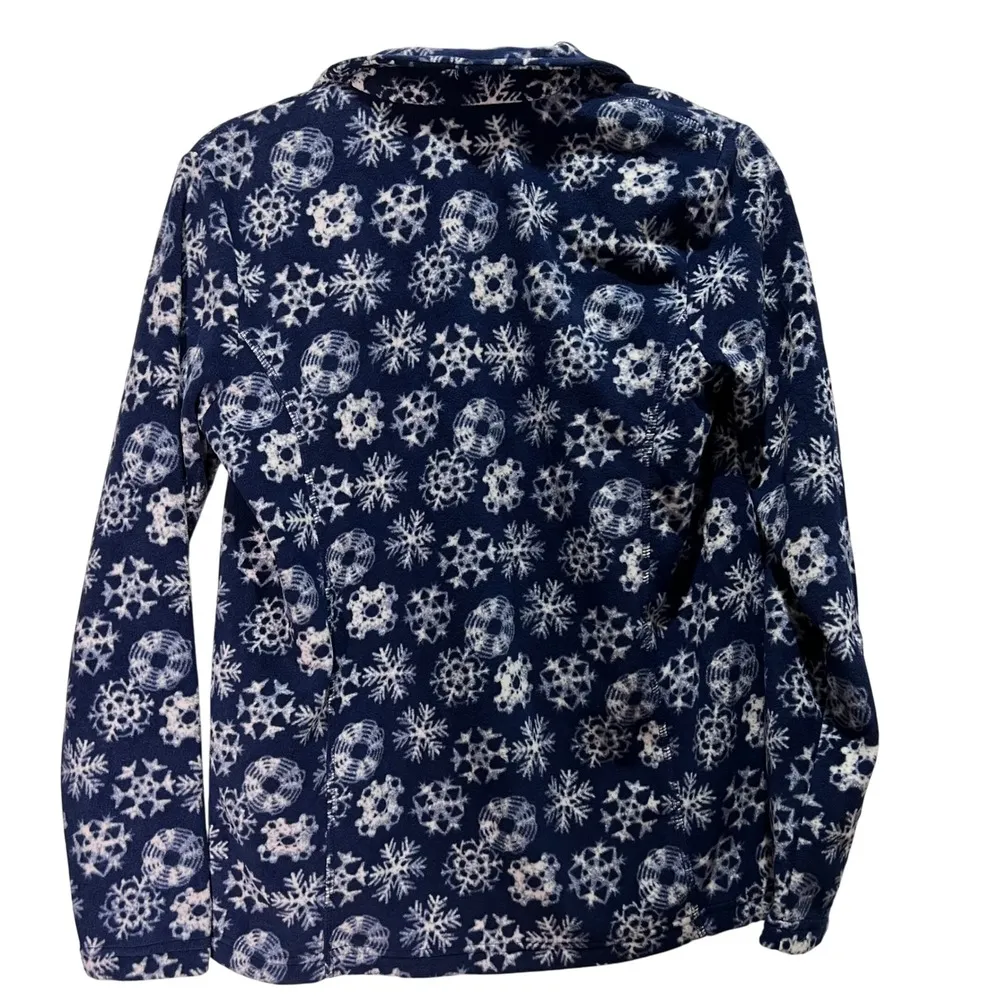 Lands End Fleece Quarter Zip Pullover Top Navy Snowflake Print Womens NWT Winter - Image 2