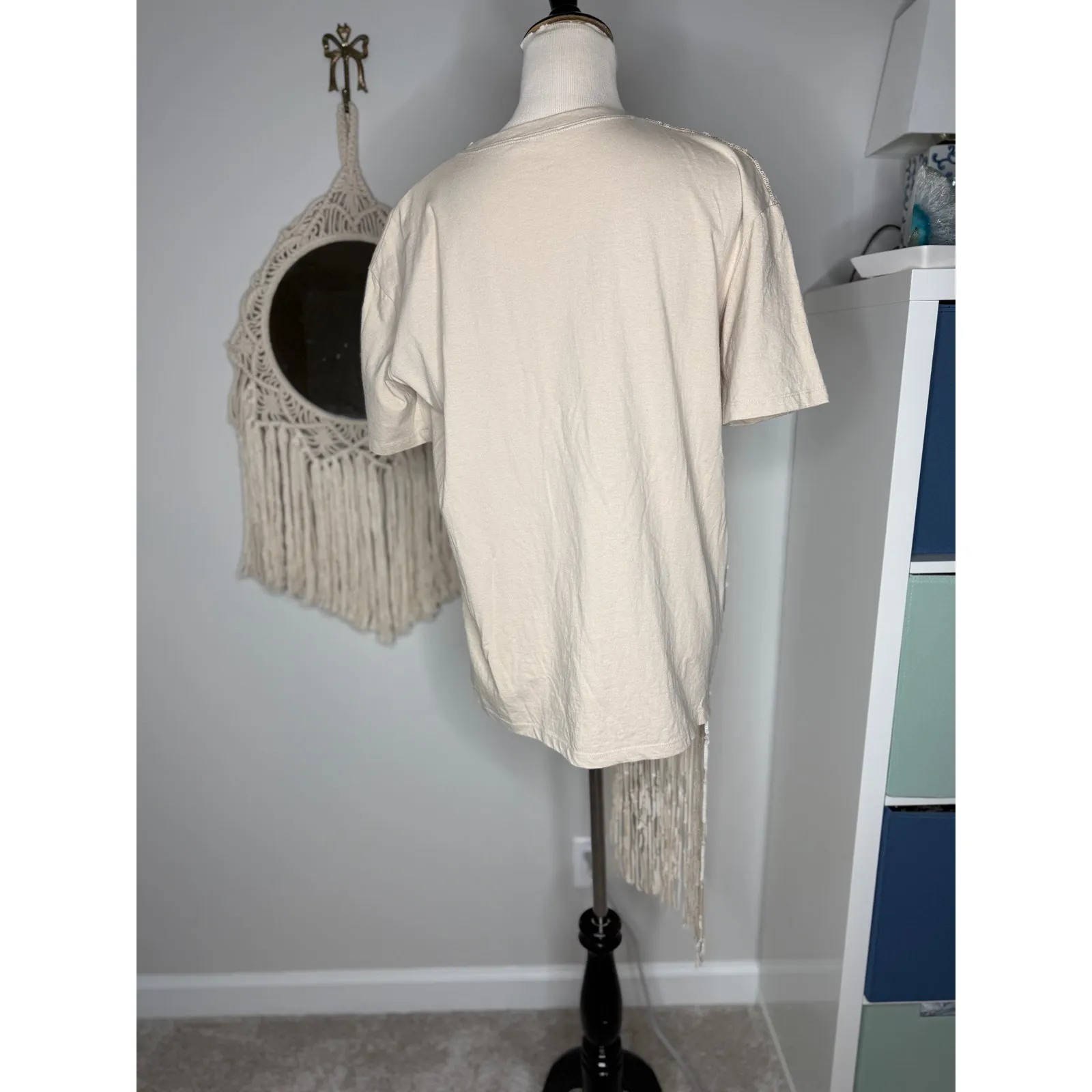 Zara Cream 100% Cotton Western Country Long Sequin Fringe Tee Shirt Top Blouse S - Image 3