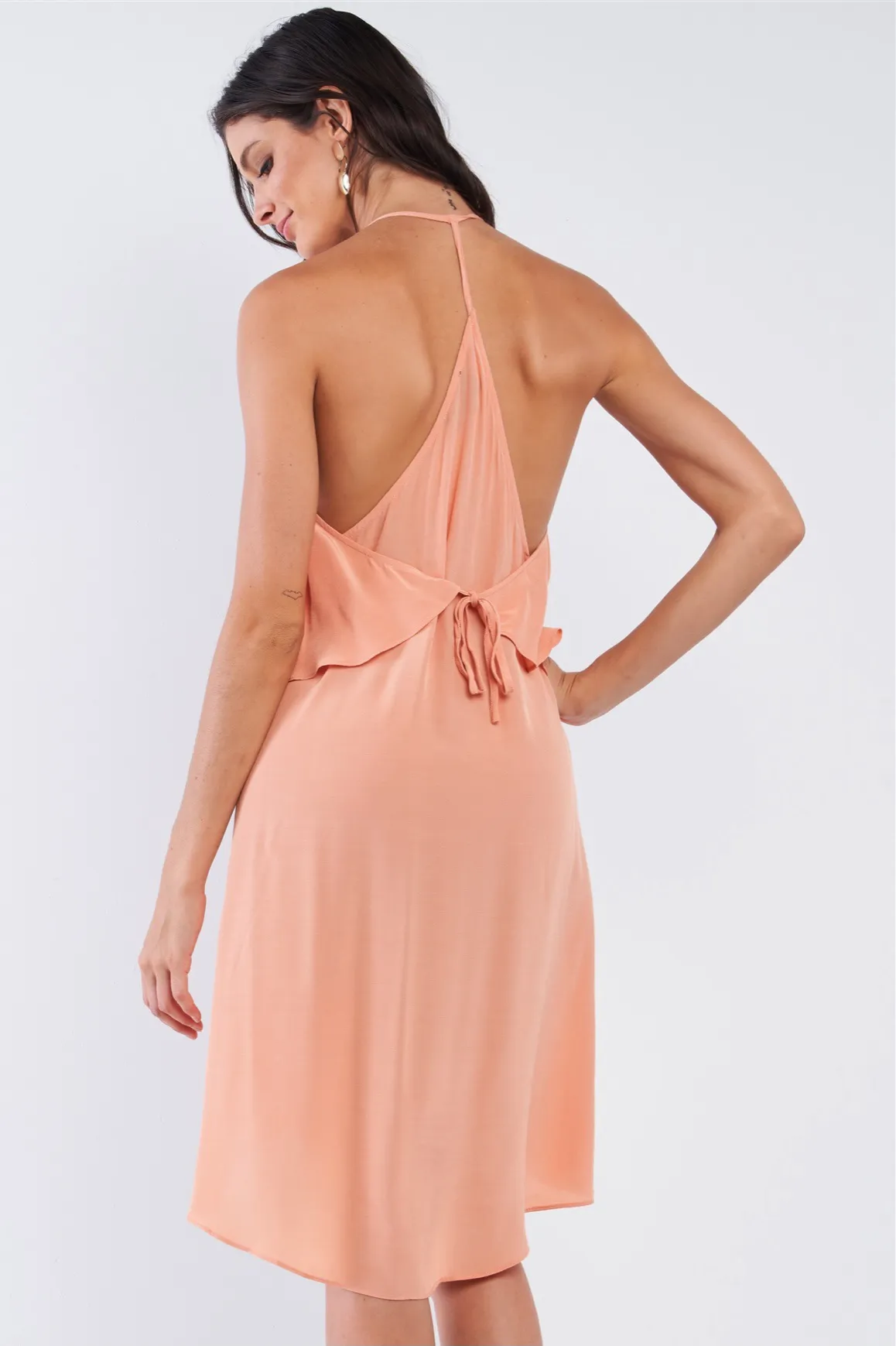 Peach Asymmetrical Flowy Halter Dress Medium - Image 2