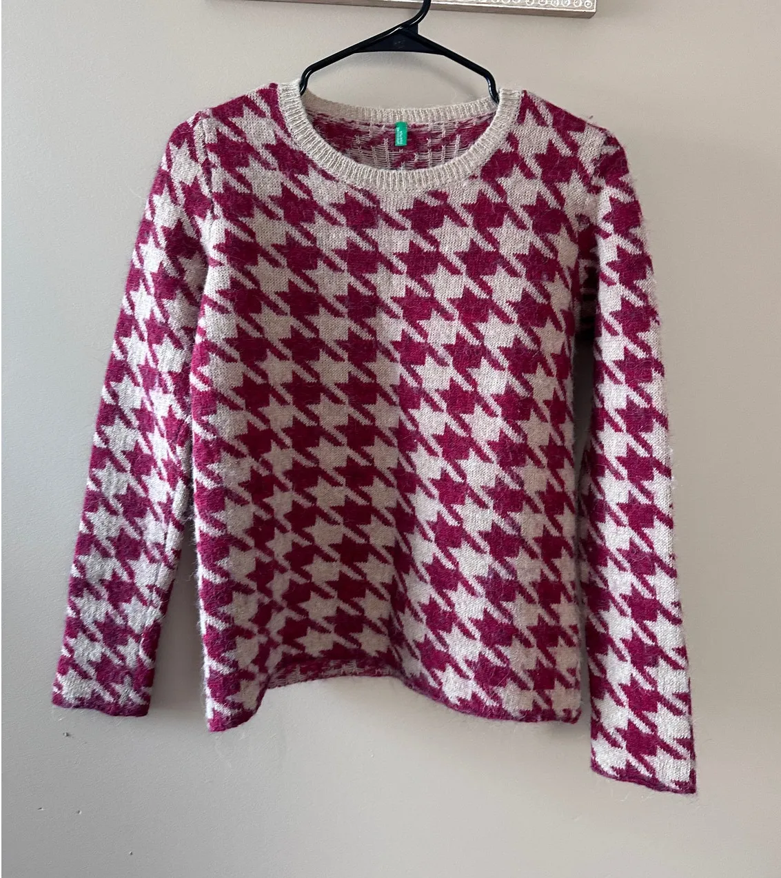 United Colors of Benetton Red White Houndstooth Wool Alpaca Crewneck Sweater - Image 1