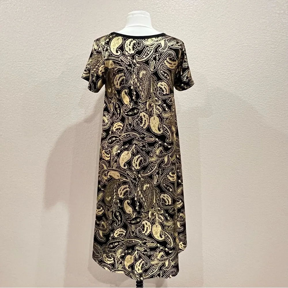 LuLaRoe Carly Gold Paisley Black Elegant High Low Short Sleeve Dress XS - Image 7