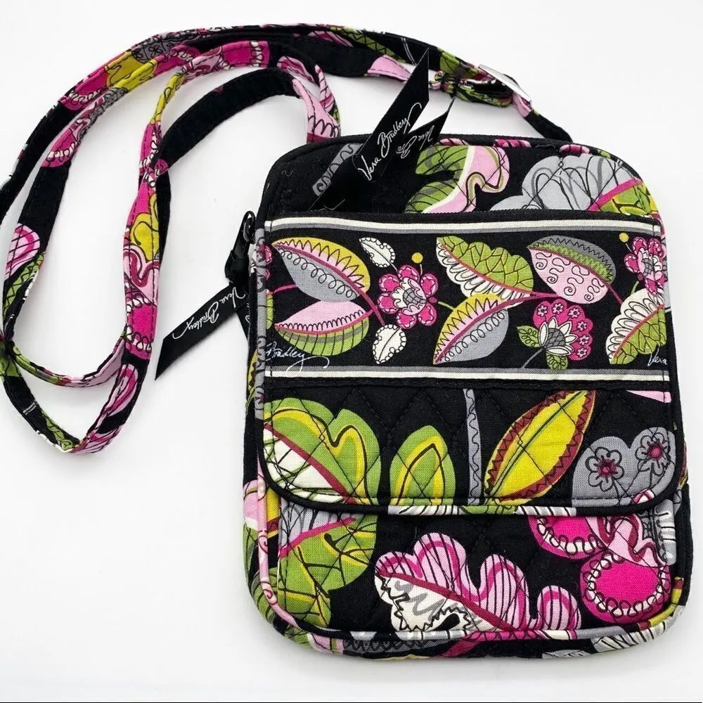 Vera Bradley Black Quilted Floral Crossbody Bag‎ Multiple Compartments Purse - Image 1