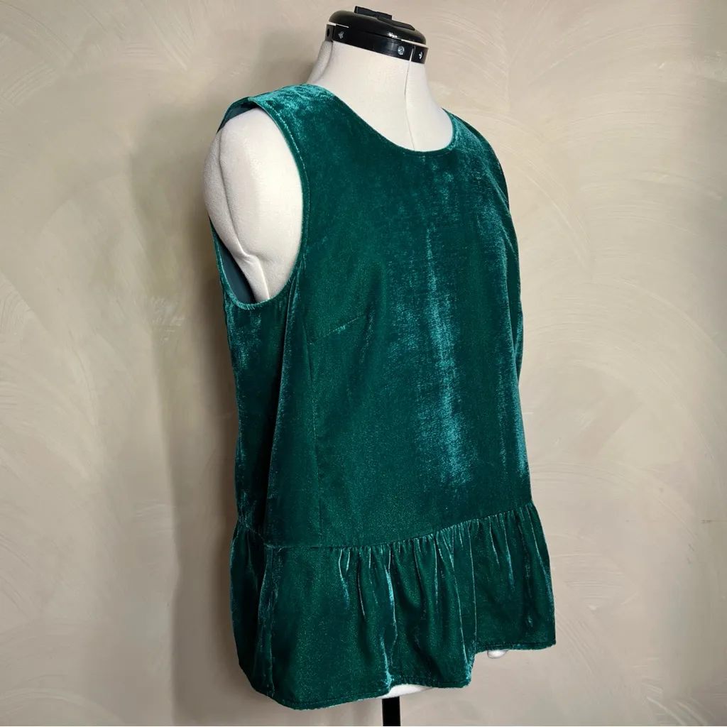 J.Crew Women's Emerald Green Peplum Sleeveless Keyhole Velvet Tank Shirt|Size:8 - Image 5