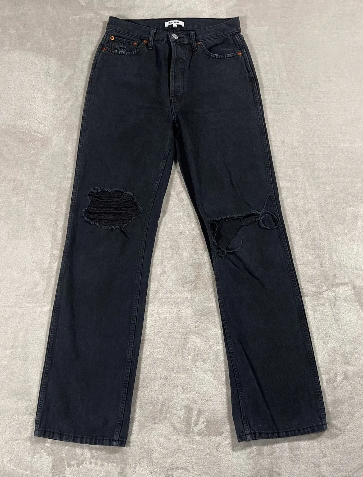 Re/Done Womens Jeans Loose High Rise Straight Distressed Denim Button Fly 28 Blk - Image 1
