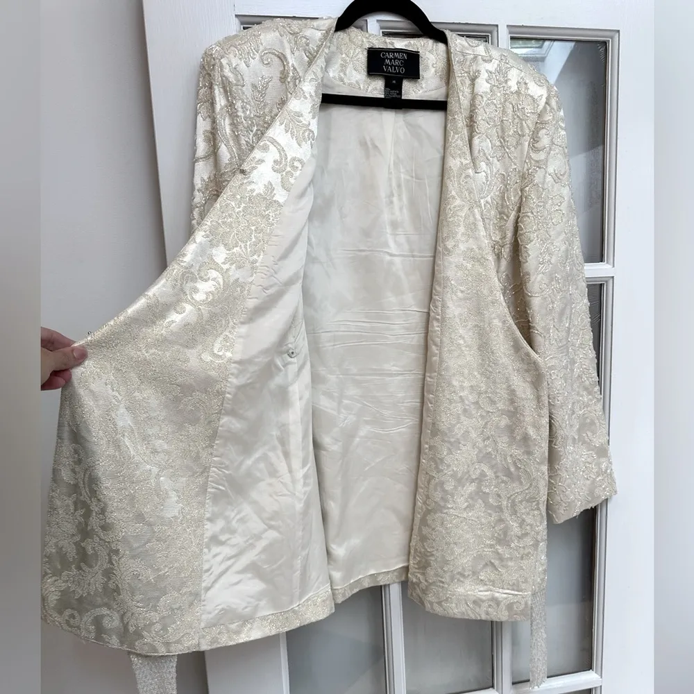Vintage Carmen Marc Valvo Ivory Cream Lace Sequin Beaded Formal Jacket Size 14 L - Image 4