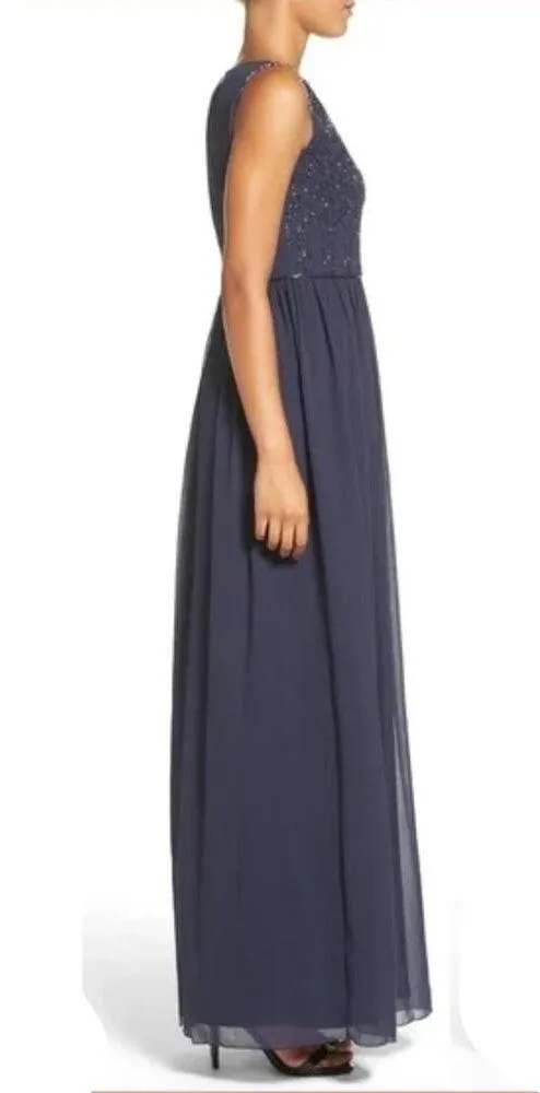 Adrianna Papell Embellished Bodice Chiffon Dress Full Length Gown Navy Blue 10 - Image 5