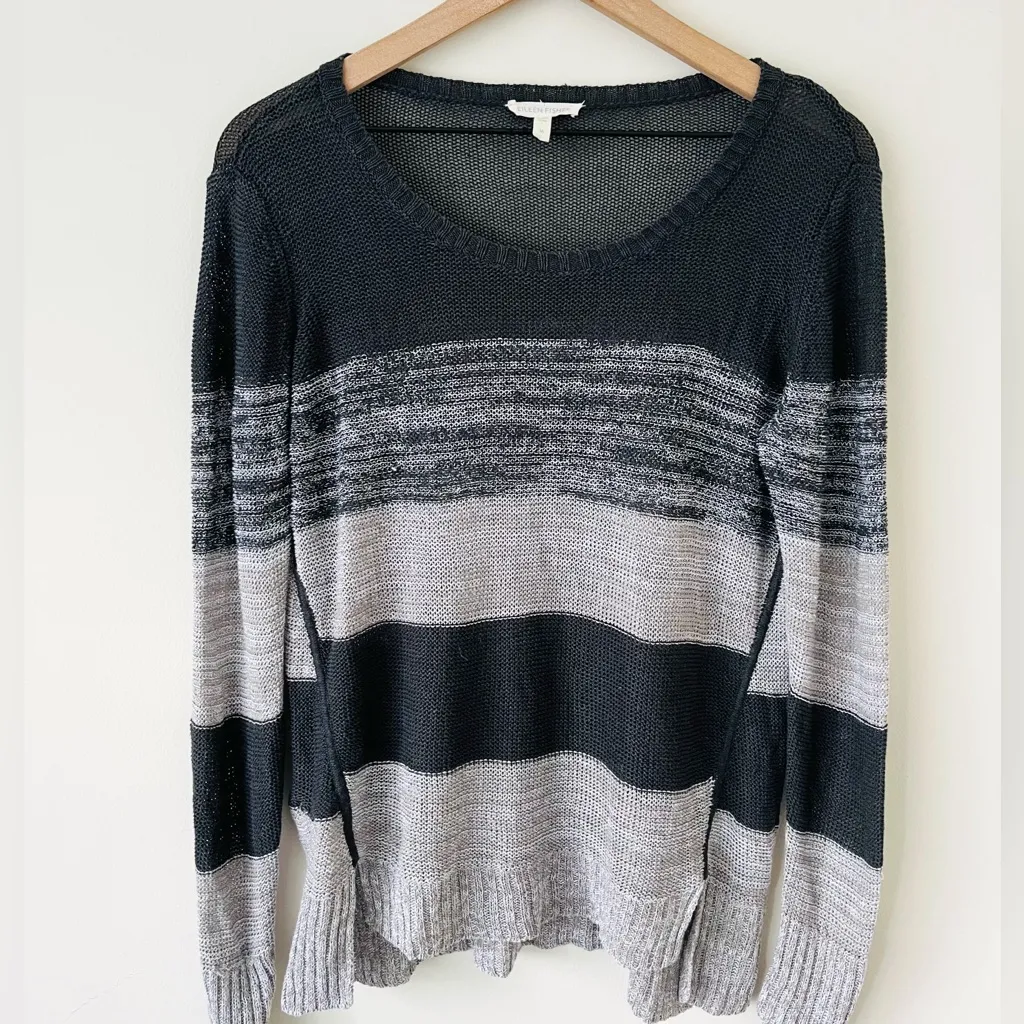 EILEEN FISHER Grey Black Linen Striped Lightweight Pullover Sweater Women Medium - Image 4