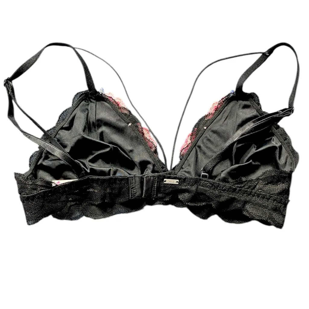 Victoria's Secret Black triangle Bralette with Pink Floral Embroidery - Image 2