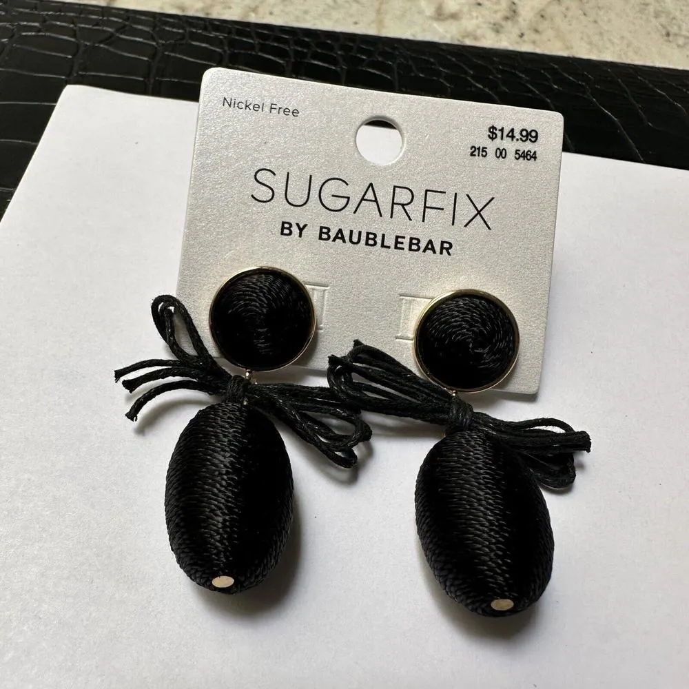 Sugar Fix Baublebar Pierced Earrings Gold Tone Black Cloth Wrap Dangle Drop NWT - Image 4