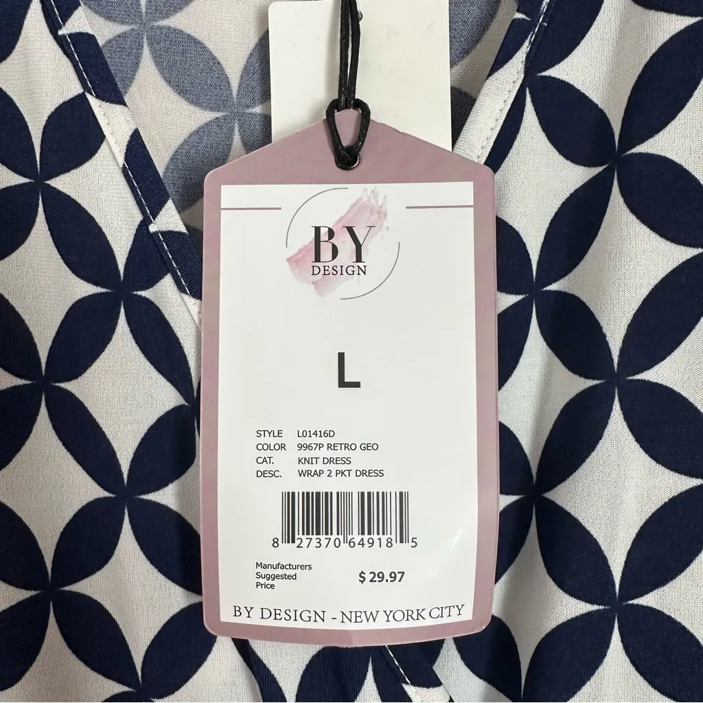 By Design Blue Retro Geo Print Mallory Short Sleeve Faux Wrap Dress Sz L - Image 10