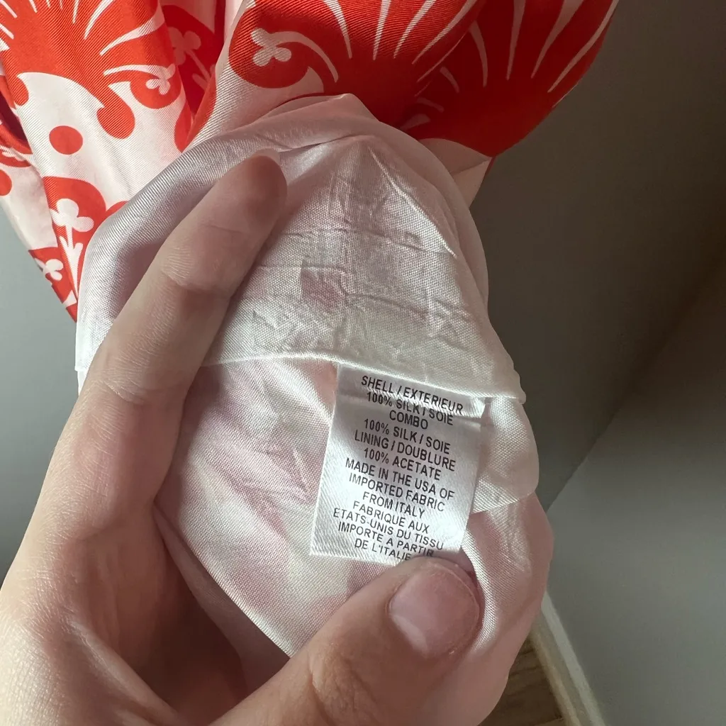 Milly Of New York Vintage Silk Fan Print Orange Ivory Ruffle Shift Dress Sz 8 - Image 3