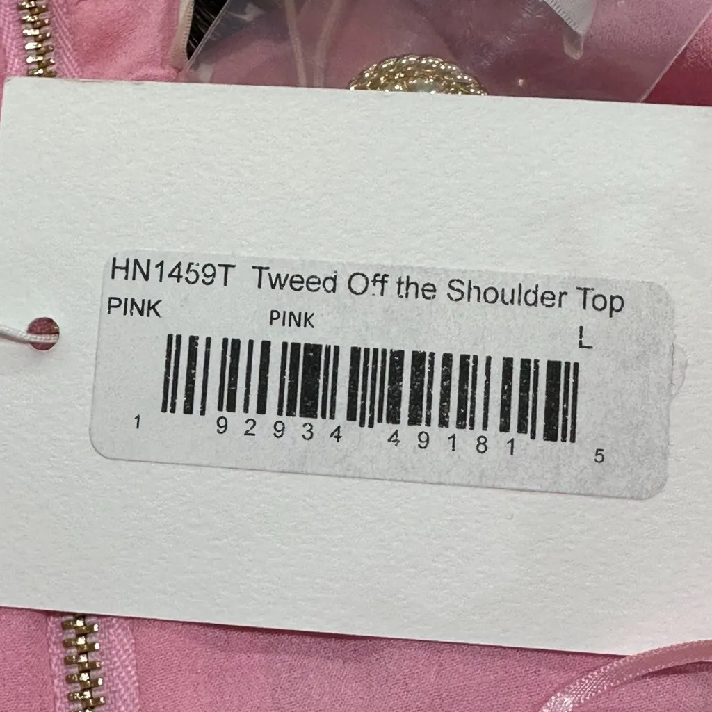 Endless Rose Off The Shoulder Tweed Pink Long Sleeve Cropped Shirt Button Large - Image 7