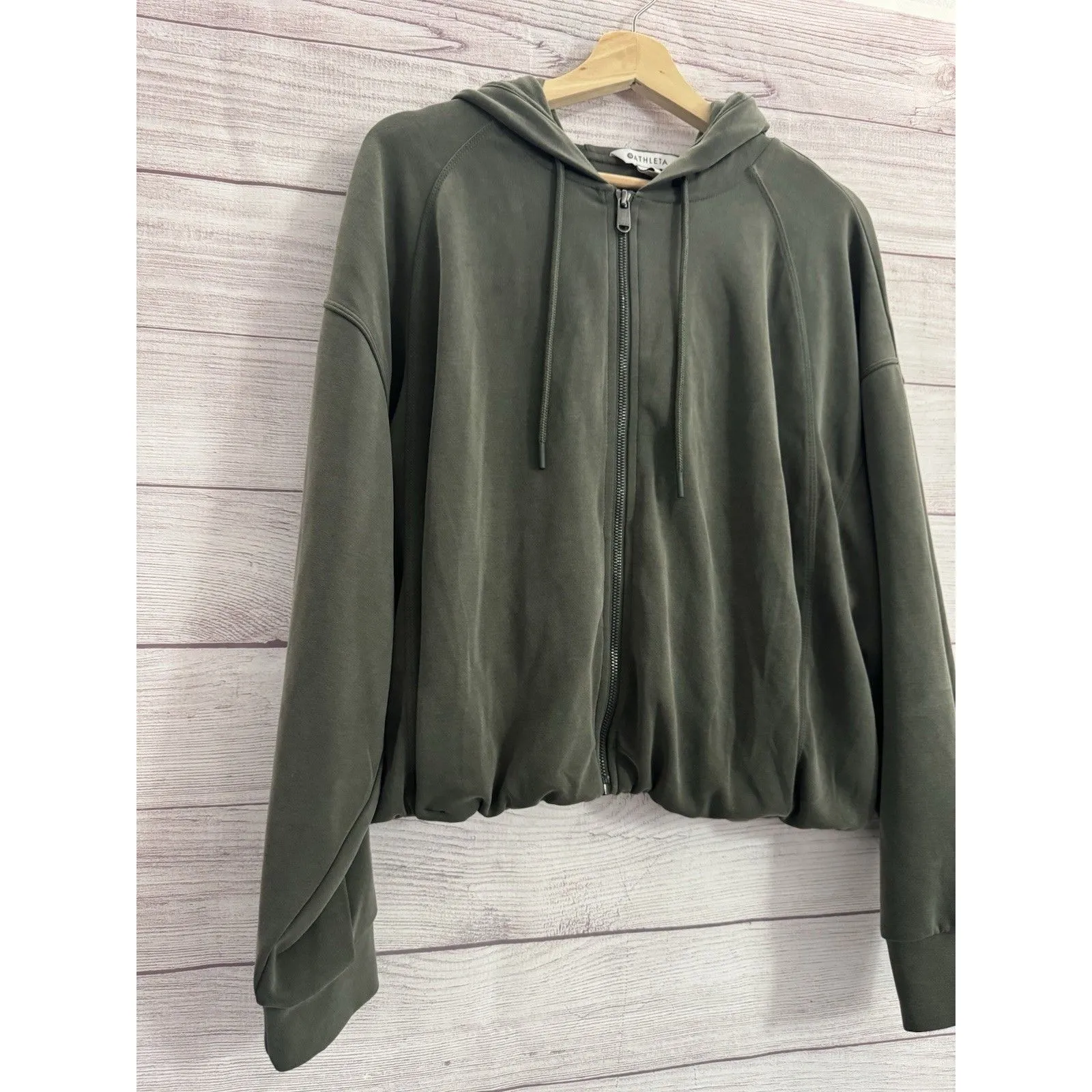 Athleta Seasoft HOODIE Bubble Hem Full Zip Aspen Olive Green Size LARGE - Image 6