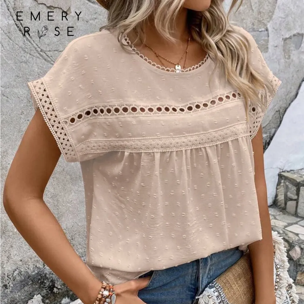 EMERY ROSE Swiss Dot Contrast Lace Dolman Sleeve Blouse - Image 3