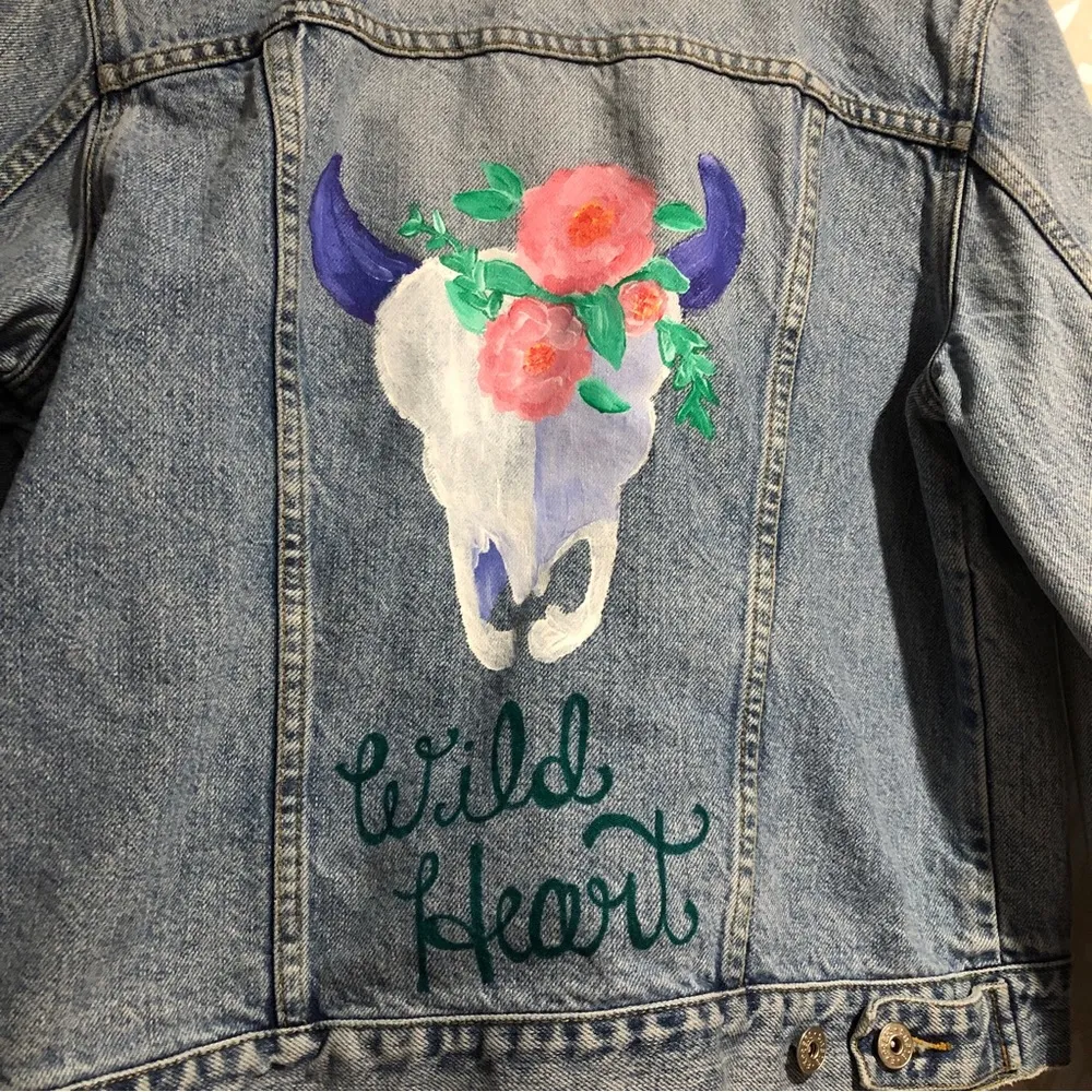 Large Hand-painted  Denim Jacket, Western Floral Cowskull - Image 3