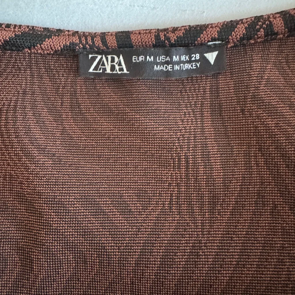 Zara Black Brown Psychedelic Bodycon Mini Dress Keyhole Tie Bust Medium - Image 7