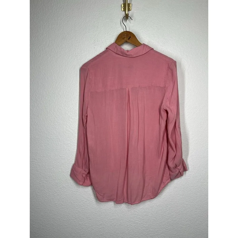 Alice + Olivia Bubblegum Pink Crinkled Button Front Top Medium Rayon - Image 5