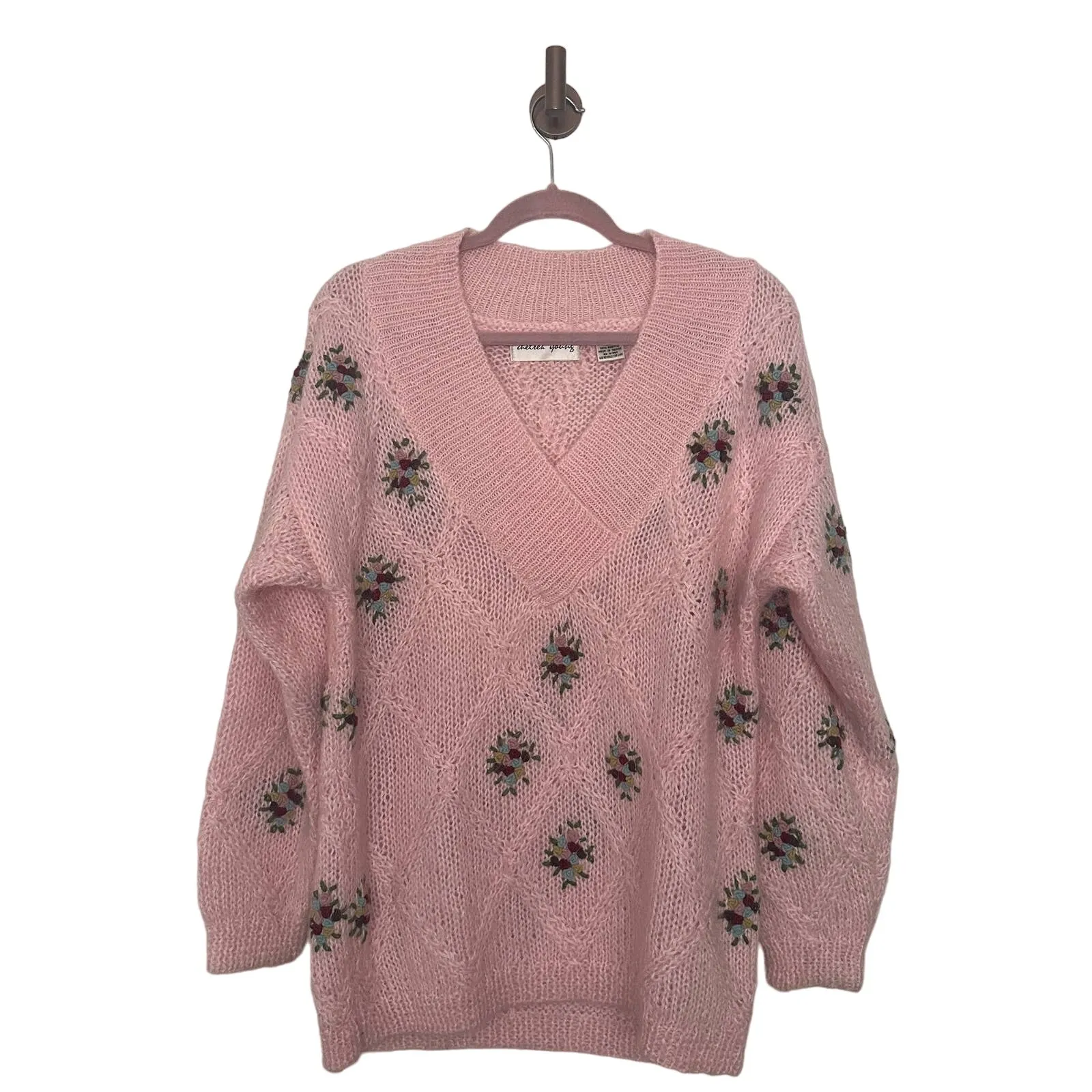 Vintage Mohair Medium Pink Floral Embroidered Wool Oversized Sweater Coquette - Image 3