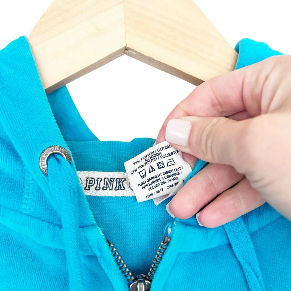 Victoria's Secret Pink Blue Velour Full Zip Sequin Hoodie Sz XS - Image 4