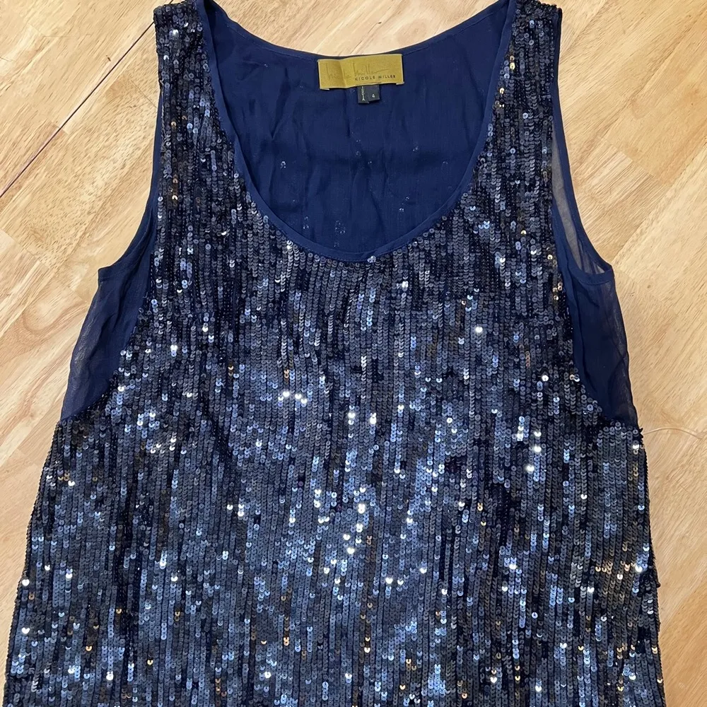 Size 4 Nicole Miller Sleeveless Blue Sequin Round Neck  Shift Dress NEW NO TAGS - Image 3