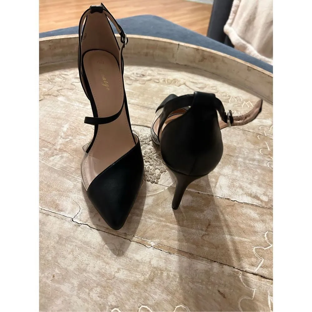 NEW Pointed Toe Clear Strappy Patent Stiletto Heel Shoes 9.5 Black - Image 9