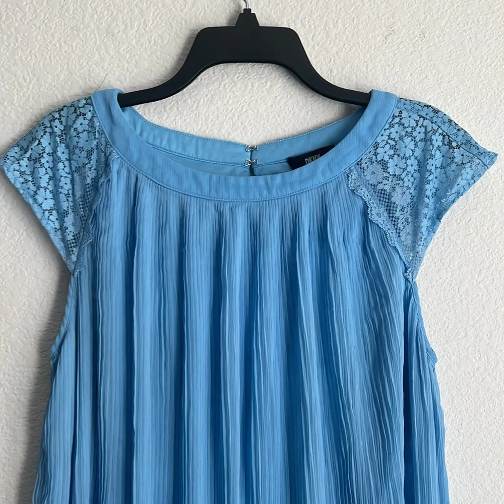 DKNY Pleated Cap Sleeve Party Shift Dress in Light Blue, Size 16 EXCELLENT! $139 - Image 5