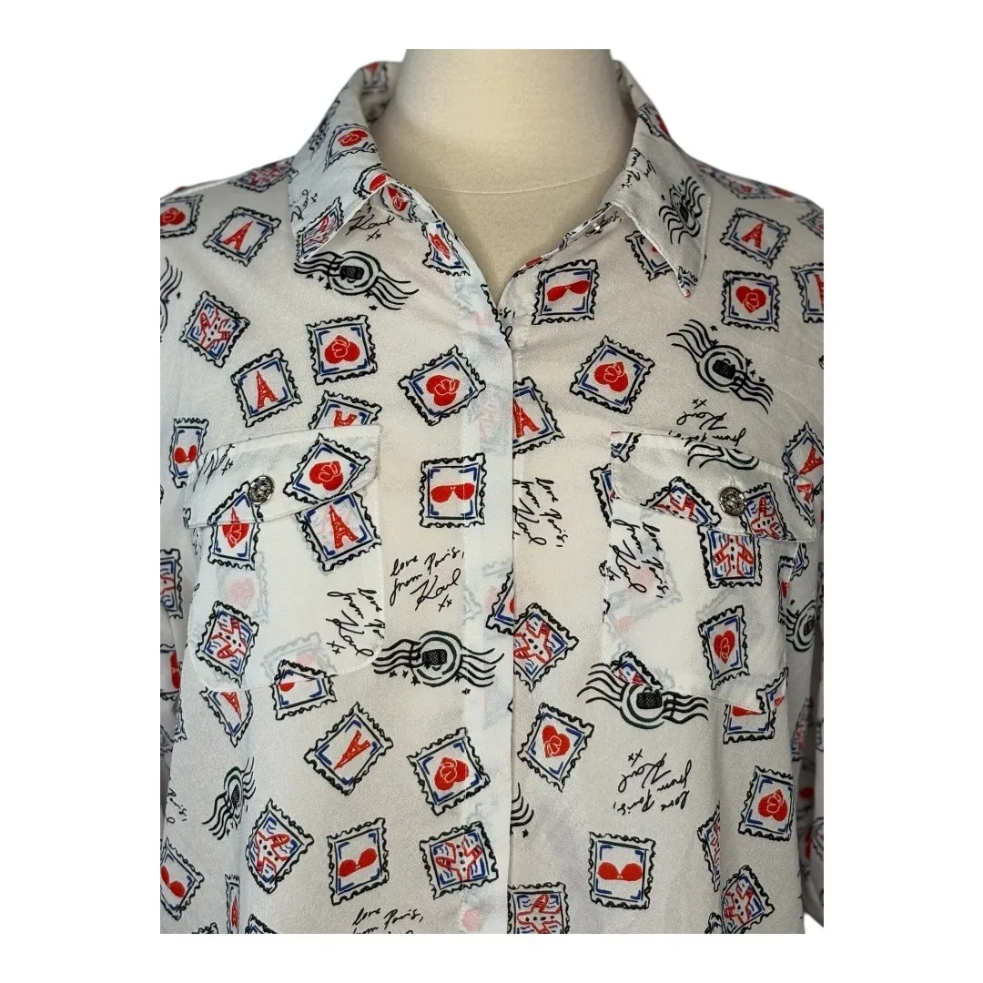 Karl Lagerfeld Paris Print Postage Stamp Roll Tab Sleeve Top Women Size Large - Image 3