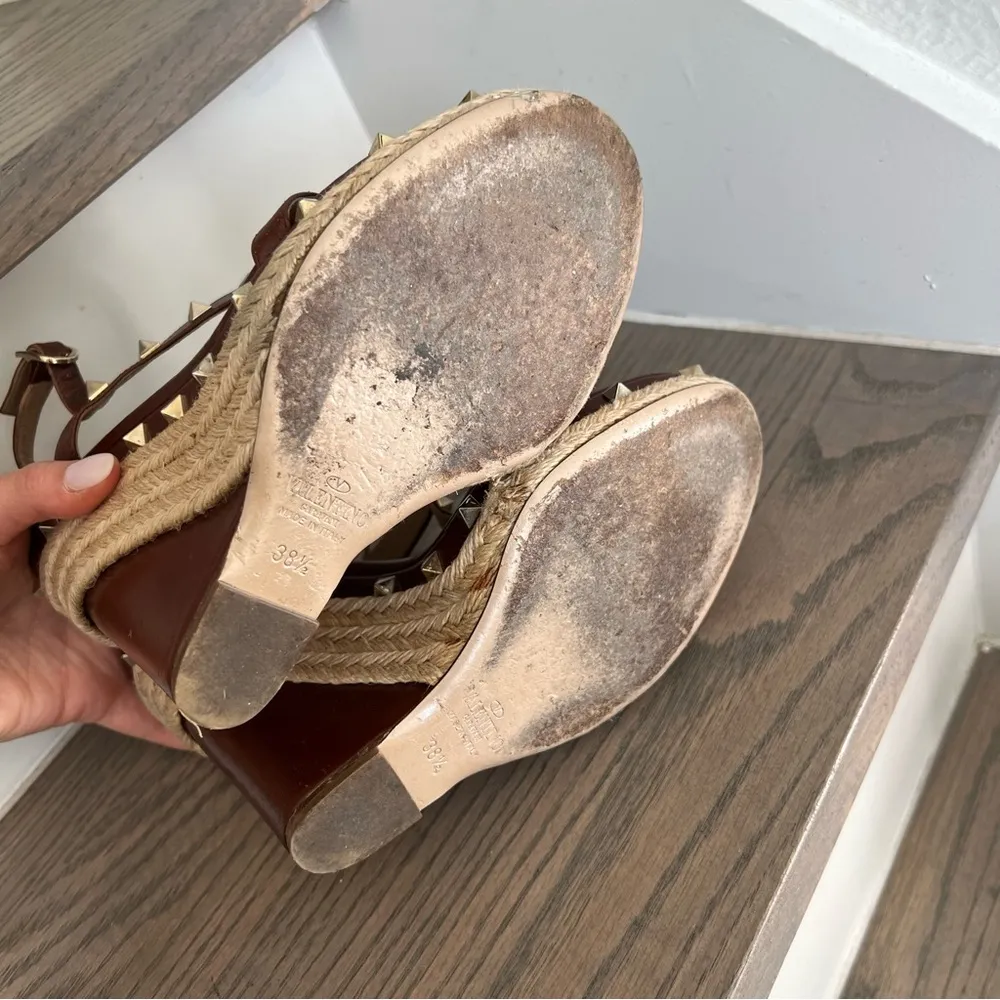 Valentino Leather T-Strap Rockstud Wedge Platform Ankle Strap Sandals in Brown - Image 11