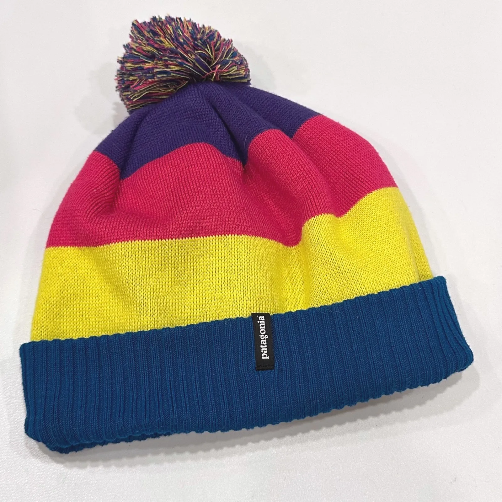 Patagonia Ski Beanie Hat Pom Pom Striped Yellow Blue Pink Unisex - Image 2