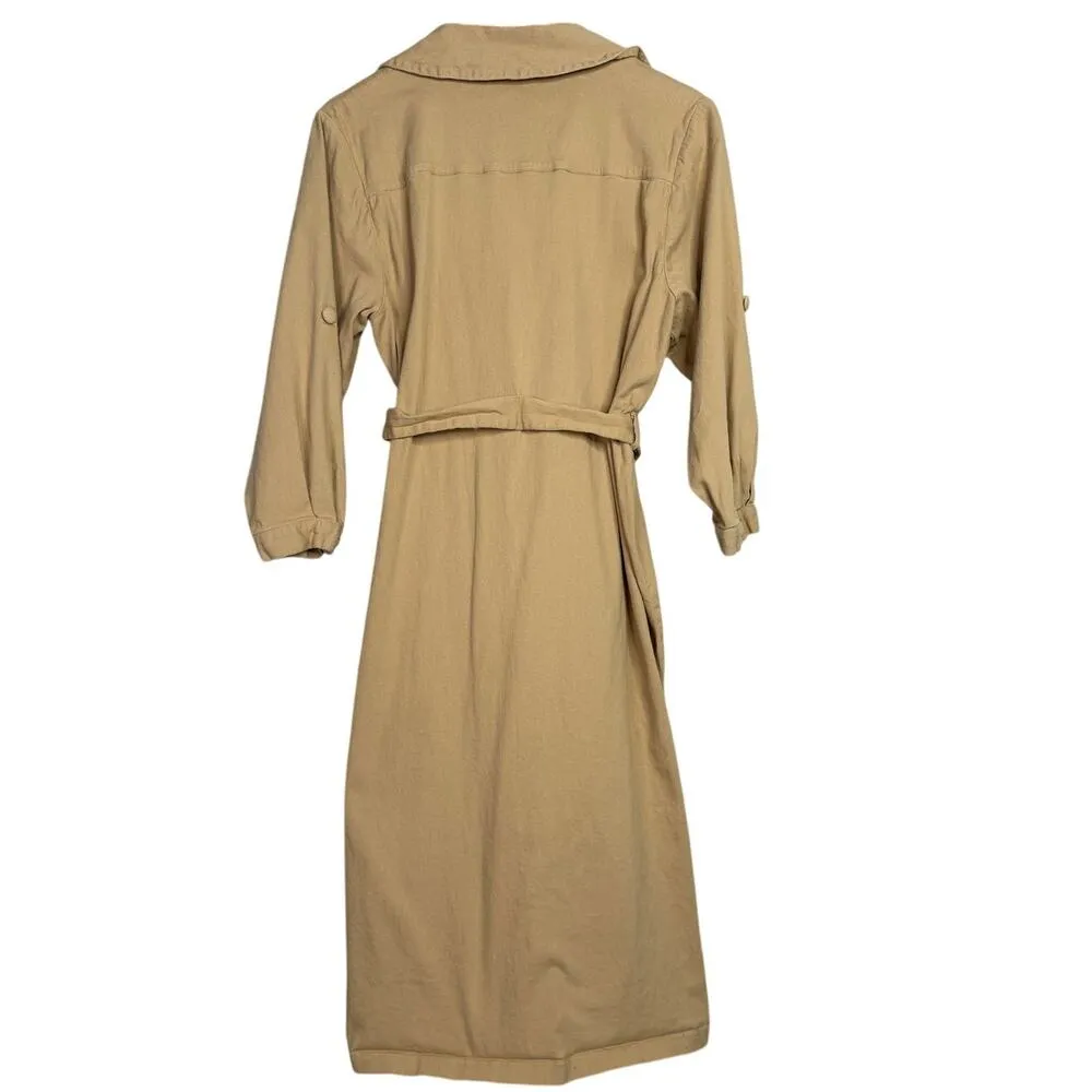 Area Stars Belted Waist Cotton Midi Shirt Dress 3/4 Sleeves Button Down L Tan Size L - Image 6
