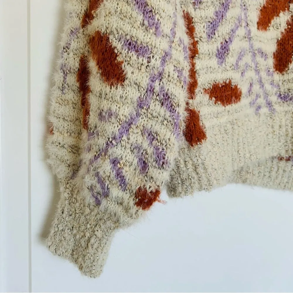 Lush Cream Floral Geo Print Cozy Knitted Crewneck Sweater | Size: S - Image 4