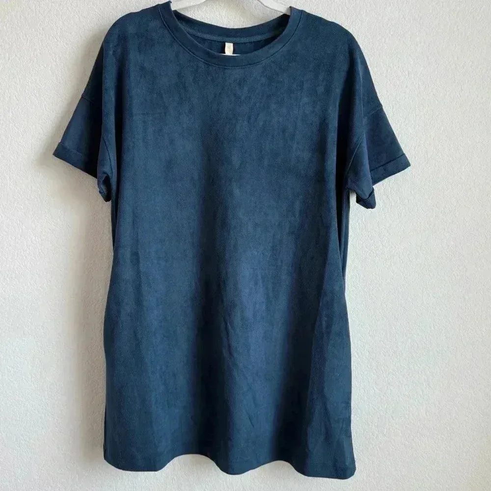 Wishlist Women’s Faux Suede Stretch‎ Short Sleeve Pockets Navy Mini Dress Size M - Image 6