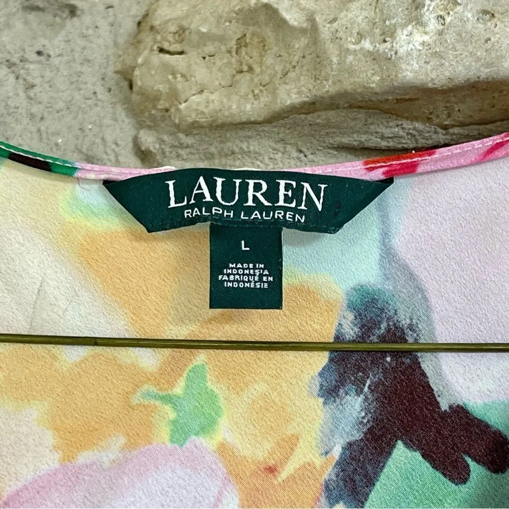 Lauren Ralph Lauren Size Large Watercolor Floral Print Crepe Tunic Blouse - Image 9