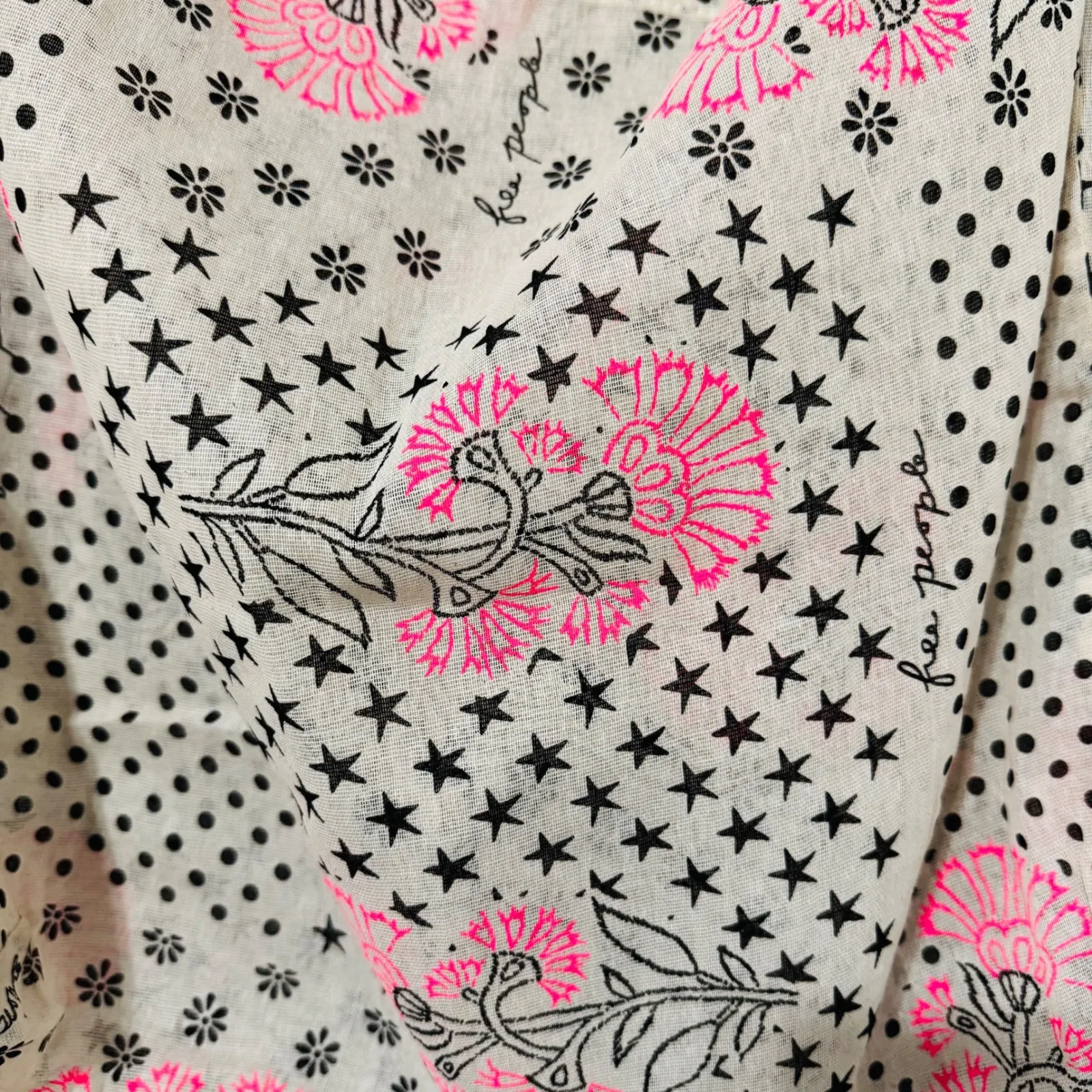 Free People Boho Floral Stars Polka Dot Sling Bag Cream Pink Black 19x23 in - Image 5