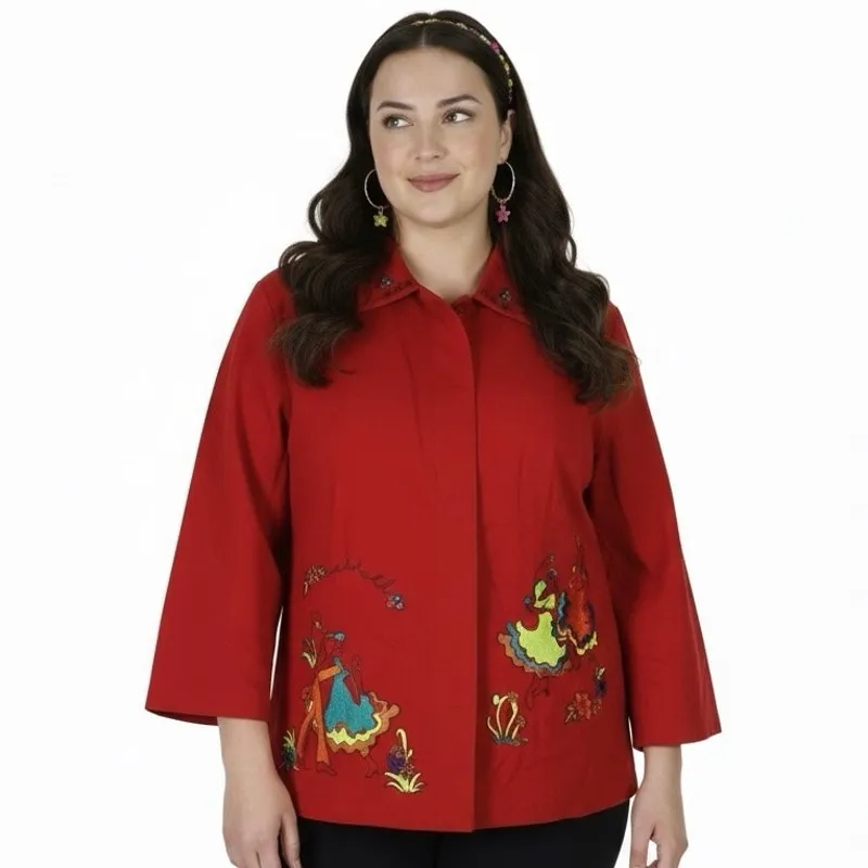 Ruby Rd Embroidered Jacket Womens 18W Red 100% Cotton Colorful Fiesta Dance Fun - Image 2