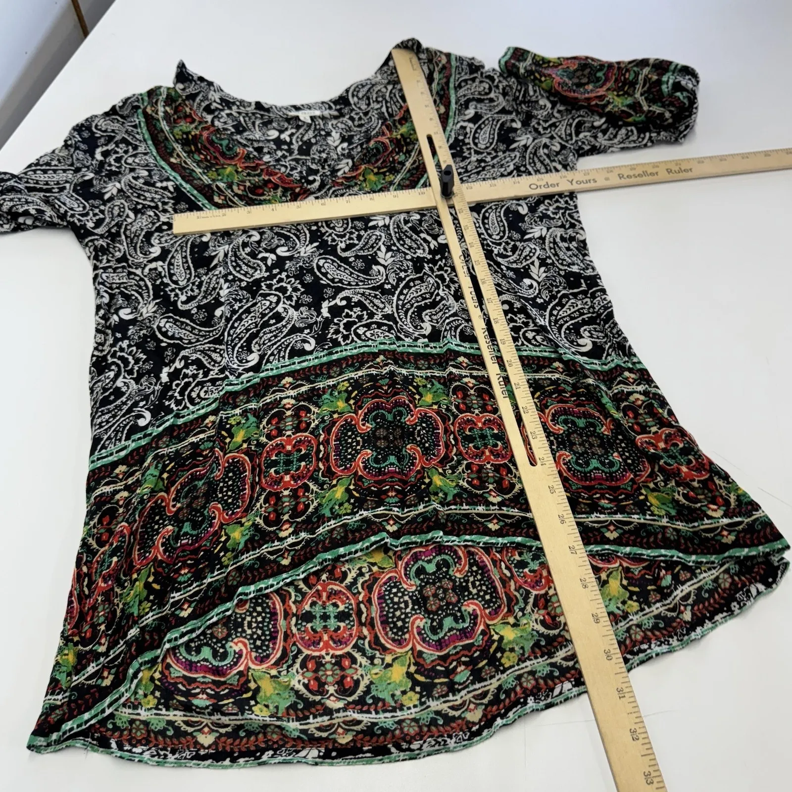 En Creme Shirt Womens Small Black Multicolor Boho Paisley Rayon V Neck Tunic Top - Image 7